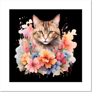 A cat decorated with beautiful watercolor flower Posters and Art